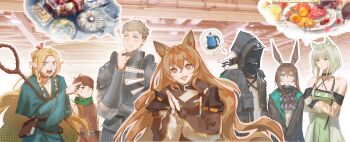 +_+ 1other 2boys 4girls absurdres ambiguous_gender amiya_(arknights) animal_ear_fluff animal_ears arknights armor ascot belt black_belt black_eyes black_jacket blue_ascot blue_capelet blue_eyes blue_robe book book_strap braid bright_pupils brown_eyes brown_hair capelet cat_ears cat_girl censored censored_food ceobe_(arknights) chilchuck_tims chinese_commentary clavat closed_mouth clothes_down commentary_request criss-cross_halter crossed_arms crown_braid detached_collar doctor_(arknights) dog_ears dog_girl dress drooling dungeon_meshi electric_kettle elf food frilled_ascot frills green_dress green_eyes green_hair green_scarf grimoire hair_around_ear hair_between_eyes hair_intakes hair_spread_out halterneck hand_on_own_chin highres holding holding_star hood hood_up hooded_coat hooded_jacket image_in_thought_bubble indoors jacket jewelry kal&#039;tsit_(arknights) kettle lab_coat laios_touden light_brown_hair long_hair long_sleeves looking_at_another looking_at_viewer marcille_donato medium_hair mouth_drool mriyak multiple_boys multiple_girls necklace nose notice_lines off-shoulder_dress off_shoulder own_hands_together plate_armor pointing pointing_at_another pointy_ears rabbit_ears rabbit_girl red_eyes robe scarf short_hair smile speech_bubble star_(symbol) sweat teeth thought_bubble upper_body very_short_hair white_pupils