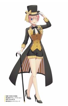 1girl ;d anime_coloring artist_request black_bow black_bowtie black_hat black_shorts blue_eyes blush bow bowtie cane collared_shirt commentary_request crossed_legs full_body gloves go-toubun_no_hanayome half_gloves hand_on_headwear hat high_heels holding holding_cane looking_at_viewer nakano_ichika one_eye_closed open_mouth pink_hair shirt short_hair shorts simple_background single_sidelock smile solo standing stiletto_heels tailcoat top_hat vest waistcoat watson_cross white_background white_gloves white_shirt yellow_vest