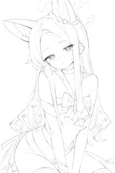 1girl animal_ear_fluff animal_ears blue_archive bow closed_mouth commentary_request extra_ears flat_chest fox_ears fox_girl fox_tail greyscale halo highres koko_(user_hktv5235) korean_commentary long_hair looking_at_viewer monochrome naked_ribbon navel ribbon seia_(blue_archive) simple_background solo tail white_background