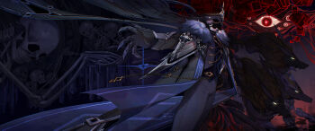 1boy armor cape capitano_(genshin_impact) chain cowboy_shot creature cube faceless flayyr from_side fur_collar genshin_impact glowing glowing_eyes gold_chain helmet highres male_focus mask outstretched_hand ronova_(genshin_impact) skeleton smoke standing tiara too_many_eyes wolf