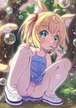 1girl absurdres animal_ear_fluff animal_ears blonde_hair blue_dress cameltoe cat_ears cat_girl cat_tail cherry_panties cherry_print commentary_request commission dress flat_chest food_print fruit_print full_body green_eyes gusset highres huge_filesize loli looking_at_viewer mouth_hold original outdoors panties panties_under_pantyhose pantyhose pink_panties pixiv_commission print_panties shoes soap_bubbles solo squatting sundress tail two_side_up underwear white_pantyhose white_shoes zusshii_(libertasgenesis)