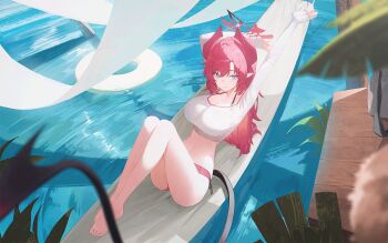 1girl bikini blue_archive blue_eyes breasts closed_mouth commentary_request demon_tail halo hammock horns knees_up large_breasts long_hair long_sleeves looking_at_viewer megu_(blue_archive) megu_(swimsuit)_(blue_archive) navel official_alternate_costume on_hammock pointy_ears red_bikini red_hair red_halo red_horns shirt sla2h_help smile solo stretching swimsuit tail white_shirt