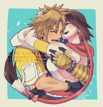 1boy 1girl aqua_background armband armored_gloves arms_around_neck bare_shoulders black_gloves blonde_hair breasts brown_hair closed_eyes couple cropped_torso final_fantasy final_fantasy_x final_fantasy_x-2 gloves hand_on_another&#039;s_head hetero hug jacket medium_breasts open_mouth parted_bangs shikiwo shirt short_hair short_hair_with_long_locks smile tidus upper_body white_shirt yellow_armband yellow_jacket yuna_(ff10)