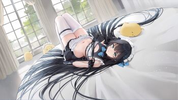 1girl apron aqua_eyes artist_request azur_lane black_hair black_skirt blue_bow bow breasts clarence_k._bronson_(azur_lane) clarence_k._bronson_(special_functional_testing)_(azur_lane) cleavage_cutout closed_mouth clothing_cutout curtains dutch_angle frilled_skirt frills hair_spread_out highres holding holding_whip indoors knees_up logo long_hair looking_at_viewer lying maid maid_headdress manjuu_(azur_lane) midriff miniskirt navel non-web_source official_alternate_costume official_art on_back on_table pleated_skirt revealing_clothes skirt small_breasts stomach table tablecloth thigh_strap thighhighs very_long_hair waist_apron whip white_thighhighs window