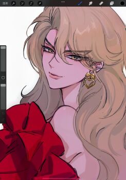 1girl blonde_hair dimple dio_brando ear_birthmark earrings genderswap genderswap_(mtf) highres jewelry jojo_no_kimyou_na_bouken long_hair mingqi67342 phantom_blood smile solo yellow_eyes