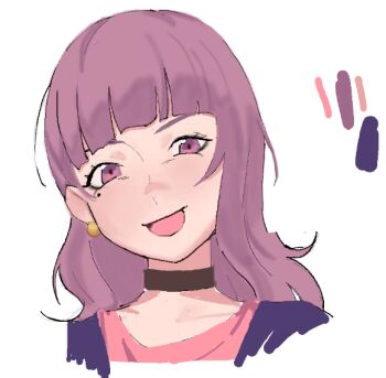 1girl :d amelia_(pathways) artist_request black_choker choker color_guide earrings head_tilt jewelry long_hair looking_at_viewer mole mole_under_eye open_mouth pathways_(game) pink_eyes pink_hair portrait simple_background smile solo source_request third-party_source white_background