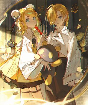 blonde_hair blue_eyes braid brother_and_sister chinese_clothes commentary_request dress flower food frilled_dress frills frown hair_bun highres holding holding_food kagamine_len kagamine_rin long_sleeves looking_at_viewer panda siblings single_braid stuffed_toy twins vocaloid zeriko