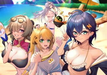 >_< 4girls ahoge animal_ear_fluff animal_ears ass bangboo_(zenless_zone_zero) beach beach_umbrella belle_(zenless_zone_zero) bikini bikini_under_clothes black_bikini blonde_hair blue_bikini blue_hair blue_jacket breasts chair claw_pose closed_mouth collarbone colored_inner_hair commentary_request crossed_bangs cup drinking drinking_glass drinking_straw earrings eous_(zenless_zone_zero) frilled_bikini frills green_eyes grey_hair grin hair_between_eyes hair_ornament hair_over_one_eye hairpin hand_fan highres holding holding_cup holding_fan jacket jewelry ju_fufu large_breasts letter_hair_ornament looking_at_viewer looking_back lounge_chair misaki_(seil518) multicolored_hair multiple_girls ocean open_mouth purple_eyes sand shirt short_hair smile striped_fur striped_hair sweety_(zenless_zone_zero) swimsuit tied_shirt tiger_ears tiger_girl tiger_stripes tuanshan umbrella v water white_shirt yellow_bikini yixuan_(zenless_zone_zero) zenless_zone_zero