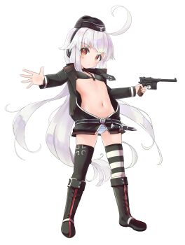 1girl absurdres ahoge asymmetrical_legwear belly boots bra breasts c96_(girls&#039;_frontline) closed_mouth commission cross dagger dhk117 garrison_cap girls&#039;_frontline gun handgun hat headphones highres holding holding_weapon iron_cross jacket knife loli long_hair long_sleeves looking_at_viewer mauser_c96 mismatched_legwear navel necktie non-web_source open_clothes orange_eyes outstretched_hand panties pantyshot sheath sheathed skindentation small_breasts solo striped_clothes striped_panties striped_thighhighs thighhighs trigger_discipline underwear very_long_hair weapon white_background white_hair