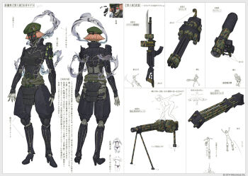 1girl armor ass bayonet belt beret bracer breasts bullet butt_crack cannon reference_sheet cleavage concept_art dou evil_grin evil_smile firing gatling_gun grin gun gun_boots hat high_heels holding holding_gun holding_weapon japanese_armor japanese_clothes jumping kneeling kojou_takashi kote kurokote kusazuri machine_gun mask medium_breasts mesh minigun mirai_(senran_kagura) official_art orange_hair red_eyes rifle rocket_launcher senran_kagura shoulder_armor slashing smile sode solo suneate teeth translation_request weapon weapon_request