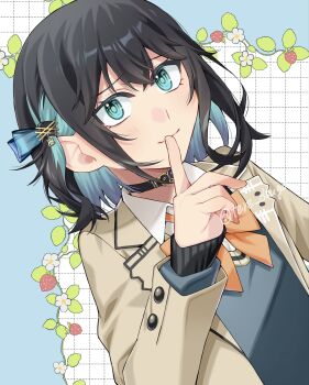 1girl aqua_eyes black_choker black_hair blue_hair bow bowtie choker closed_mouth colored_inner_hair finger_to_mouth hair_ornament highres jacket long_sleeves looking_at_viewer miyamai_moca multicolored_hair open_clothes open_jacket orange_bow orange_bowtie solo tere_douga upper_body voicepeak