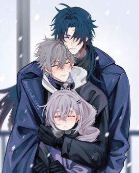 1girl 2boys :< alternate_costume artist_name black_scarf black_sweater blade_(honkai:_star_rail) blue_coat blue_hair blurry blurry_background blush caelus_(honkai:_star_rail) closed_eyes closed_mouth coat cold commentary crossed_bangs day drill_hair drill_ponytail earclip earrings english_commentary floating_hair grey_hair hair_between_eyes hair_over_one_eye hair_ribbon hand_up high_ponytail highres honkai:_star_rail honkai_(series) hug hug_from_behind jacket jewelry lapels long_hair long_sleeves moyamayoi multiple_boys open_clothes open_coat outdoors ponytail purple_jacket purple_ribbon railing ribbon scarf short_hair sidelocks silver_wolf_(honkai:_star_rail) single_earring sky snowing steam sweater trailblazer_(honkai:_star_rail) turtleneck turtleneck_sweater upper_body white_hood white_sky winter