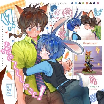 !? 2boys 2girls ^_^ alternate_costume animal_ears blue_eyes blue_hair blue_necktie blush braid brown_eyes brown_hair carrot closed_eyes commentary copyright_name cosplay eextrovrt english_commentary fox_boy fox_ears fox_tail furry furry_male grid_background heart height_difference hetero highres hug judy_hopps judy_hopps_(cosplay) kemonomimi_mode multiple_boys multiple_girls necktie nick_wilde nick_wilde_(cosplay) orange_fur pale_skin police police_uniform policewoman rabbit_ears rabbit_girl rabbit_tail ranma_1/2 saotome_ranma short_hair single_braid striped_clothes striped_necktie sweat tail tearing_up tendou_akane tongue tongue_out twitter_username zootopia