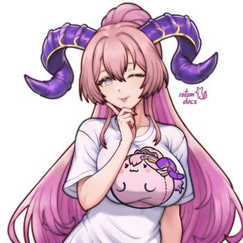 1girl ;p artist_name blush breasts closed_mouth collarbone commentary curled_horns english_commentary fingernails fire_emblem fire_emblem_heroes hand_on_own_chin high_ponytail highres horns large_breasts long_hair looking_at_viewer multicolored_eyes nerthuz_(fire_emblem) nintendo one_eye_closed pink_hair ponytail print_shirt purple_eyes purple_horns rotomdocs shirt short_sleeves signature simple_background smile solo t-shirt tongue tongue_out two-tone_eyes very_long_hair white_background white_shirt yellow_eyes yellow_horns