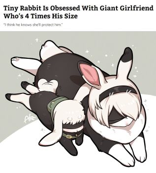 2b_(nier:automata) 9s_(nier:automata) animal_ears animal_hands animification article black_fur black_hairband blindfold choker commentary covered_eyes dewlap english_commentary english_text floppy_ears from_above hairband highres lying meme missaka multicolored_fur nier:automata nier_(series) no_humans on_stomach rabbit rabbit_ears rabbit_tail short_hair signature simple_background size_difference tail tail_wagging tiny_rabbit_is_obsessed_with_giant_girlfriend_(meme) white_fur white_hair