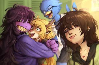 1boy 1other 2girls :p animal_ears antlers beak berdly_(deltarune) bird_boy black-framed_eyewear black_shorts blonde_hair blurry blurry_background blush brown_hair buck_teeth bunny_ears_prank colored_sclera colored_skin colored_teeth commentary day deer_ears deltarune earrings english_commentary foundonsaturn glasses green_eyes green_hoodie grin hair_between_eyes hair_ornament hairclip heart heart_necklace highres hood hoodie horns hug indoors jacket jewelry kris_(deltarune) light_rays locker long_hair long_sleeves looking_at_viewer messy_hair mole mole_under_eye mole_under_mouth monster_girl multiple_girls necklace noelle_holiday open_mouth purple_hair purple_jacket purple_skin red_eyes reindeer_antlers reindeer_girl selfie sharp_teeth shirt shorts smile susie_(deltarune) sweatdrop sweater_vest teeth tongue tongue_out twitter_username utdr_(toby_fox) white_shirt wide-eyed yellow_sclera yellow_teeth yuri