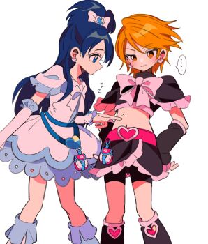 ... 2girls arm_warmers black_boots black_shirt black_skirt blue_eyes blue_hair blush boots bow bowtie closed_mouth commentary_request crop_top cropped_shirt cure_black cure_white dress feet_out_of_frame frilled_skirt frills futari_wa_precure highres long_hair midriff misumi_nagisa multiple_girls navel orange_eyes orange_hair pink_bow pink_bowtie poking_belly precure sanamaru_(sana79261827) shirt short_hair short_sleeves simple_background skirt spoken_ellipsis standing white_background white_boots white_bow white_bowtie white_dress yukishiro_honoka