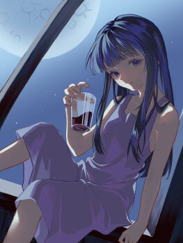 1girl absurdres blue_hair blue_sky commentary_request cup dress drinking_glass eyelashes furude_rika highres higurashi_no_naku_koro_ni holding holding_cup long_hair looking_at_viewer moon night night_sky purple_dress purple_eyes signe_ture sitting sky solo star_(sky)