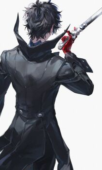 1boy amamiya_ren black_coat black_hair black_pants coat cowboy_shot doran_(doran7280) from_behind gloves hand_up high_collar highres holding holding_knife joker_(persona_5) knife long_sleeves male_focus messy_hair pants persona persona_5 red_gloves short_hair simple_background solo standing white_background