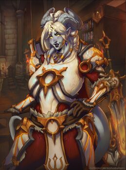 1girl armor artist_name colored_sclera colored_skin draenei grey_horns grey_skin hand_on_own_hip highres horns indoors lightforged_draenei looking_at_viewer patreon_username pointy_ears red_panda_waifu solo sword warcraft watermark weapon web_address white_hair world_of_warcraft yellow_eyes yellow_sclera