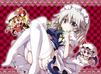 3girls akaneya bad_id bad_pixiv_id bat_wings blue_eyes braid chibi female_focus flandre_scarlet garter_belt garter_straps izayoi_sakuya maid maid_headdress multiple_girls remilia_scarlet silver_hair thighhighs touhou twin_braids white_thighhighs wings