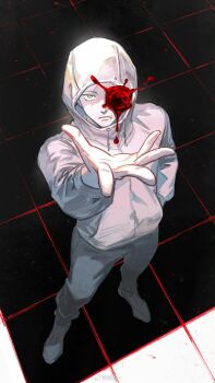 1boy arm_up blood expressionless from_above full_body hand_in_pocket hand_up hemokinesis highres hood hood_up hoodie itadori_yuuji jujutsu_kaisen jujutsu_kaisen_modulo light_frown looking_at_viewer looking_up male_focus powering_up scar scar_on_face scar_on_forehead scar_on_mouth solo t_dizheng