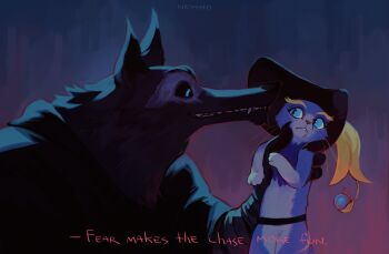 1boy 1girl absurdres artist_name belt black_belt black_cloak black_hat blue_eyes blue_fur cavalier_hat cloak death_(puss_in_boots) english_text eye_contact eye_mask fewer_digits furry furry_female furry_male grey_mask hat highres kindred_(league_of_legends) league_of_legends looking_at_another mask puss_in_boots:_the_last_wish puss_in_boots_(shrek) shrek_(series) wolf wolf_(league_of_legends) wolf_boy wryyyto yuumi_(league_of_legends)