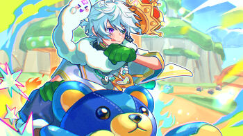 &gt;_&lt; 1boy :q absurdres animal animal_on_head bead_necklace beads blue_sky cart chromatic_aberration clenched_hand cloud commentary_request crown earrings fire fur_collar gloves green_eyes green_gloves hanafuda_earrings heterochromia highres japanese_clothes jewelry kariginu long_sleeves magatama male_focus matochi_(fa) mountain murakumo_kagetsu murakumo_kagetsu_(1st_costume) necklace nijisanji on_head outdoors purple_eyes racing riding road rock shirt short_hair sky tongue tongue_out tree virtual_youtuber watakumo_(murakumo_kagetsu) white_hair white_shirt wide_sleeves