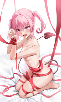 1girl absurdres ass between_buttocks bound bound_wrists breasts butt_crack collarbone commentary demon_tail eyelashes eyes_visible_through_hair fang full_body hair_between_eyes hair_intakes highres looking_at_viewer medium_hair naked_ribbon nana_asta_deviluke nipples nude open_mouth pink_eyes pink_hair restrained ribbon seiza shiny_skin sitting skin_fang small_breasts smile soles tail thighs to_love-ru twintails v-shaped_eyebrows yj_(yojo_san)