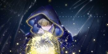 1boy black_wings blue_cloak cloak closed_eyes copyright_name feathered_wings head_down hood hood_up hooded_cloak kim_dokja lace_trim male_focus night oldest_dream omniscient_reader&#039;s_viewpoint orb roellm sky solo star_(sky) star_(symbol) starry_sky upper_body wings