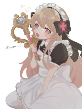 1girl bad_id bad_twitter_id blonde_hair chaos_marie_(grimms_notes) grimms_notes highres holding holding_wand long_hair looking_at_viewer maid open_mouth satoon_vj smile solo wand