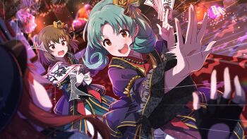 3girls blurry blurry_background blurry_foreground blush brown_eyes chinese_clothes commentary_request fingerless_gloves game_cg gloves green_hair holding holding_ofuda idolmaster idolmaster_million_live! idolmaster_million_live!_theater_days indoors long_sleeves multiple_girls nagayoshi_subaru official_art ofuda open_mouth smile standing third-party_source tokugawa_matsuri