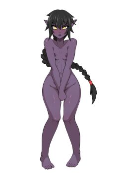 Rule 34 | 1girl, absurdres, axl crow, black hair, braid, braided ponytail, breasts, colored skin, commentary, completely nude, covering crotch, covering privates, dark elf, demonherd, elf, english commentary, full body, hair between eyes, highres, kat (demonherd), long hair, looking at viewer, nipples, nude, open mouth, pointy ears, ponytail, purple skin, simple background, small breasts, solo, straight-on, v arms, white background, yellow eyes