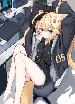 1girl absurdres animal_ear_fluff animal_ears barefoot black_shorts blonde_hair blue_eyes character_request food food_on_head fox_ears fox_girl fox_tail fried_egg hair_between_eyes hair_ornament hat highres indie_virtual_youtuber jacket kupony looking_at_viewer object_on_head peaked_cap shirt shorts solo tail