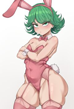 1girl absurdres animal_ears bare_shoulders blush bow bowtie breasts cameltoe closed_mouth collar contrapposto covered_navel cowboy_shot crossed_arms curly_hair detached_collar fake_animal_ears fake_tail flipped_hair garter_belt garter_straps green_eyes green_hair highleg highleg_leotard highres leotard looking_at_viewer mustblove one-punch_man pear-shaped_figure pink_bow pink_bowtie pink_leotard pink_thighhighs playboy_bunny rabbit_ears rabbit_tail short_hair simple_background skindentation small_breasts solo strapless strapless_leotard tail tatsumaki thick_thighs thighhighs thighs traditional_bowtie white_background white_collar wide_hips wing_collar wrist_cuffs