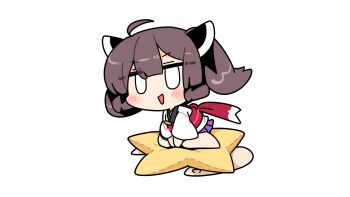 Rule 34 | 1girl, :d, ahoge, barefoot, blank eyes, blush stickers, brown hair, chibi, chibi only, commentary request, double-parted bangs, full body, hair between eyes, headgear, highres, ini (inunabe00), japanese clothes, jitome, kimono, kiritanpo (food), long sleeves, miniskirt, obi, open mouth, pillow, pleated skirt, purple skirt, red sash, sash, short hair, simple background, sitting, skirt, smile, solo, star (symbol), touhoku kiritan, voiceroid, white background, white kimono