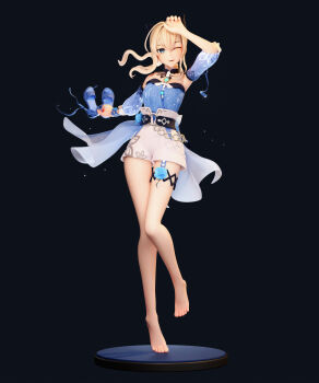 1girl 3d absurdres arm_up belt blonde_hair blue_eyes blue_flower blue_rose bow chain detached_collar detached_sleeves flower garter_straps genshin_impact hair_bow highres holding holding_sandals holding_shoes holding_unworn_clothes jean_(genshin_impact) looking_to_the_side official_alternate_costume one_eye_closed pablo_dobarro ponytail rose sandals shoes short_shorts shorts smile solo strapless tube_top unworn_shoes wind