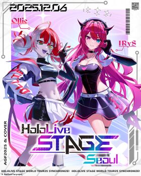 Rule 34 | 2girls, :d, absurdres, ahoge, belt, beret, black gloves, black hat, black shirt, black shorts, black skirt, blue eyes, breasts, character name, cleavage, colored skin, colored tongue, commentary request, cropped jacket, cropped shirt, detached sleeves, diamond-shaped pupils, diamond (shape), double-parted bangs, double halo, elbow gloves, gloves, gradient eyes, green eyes, grey hair, grey skin, hair between eyes, half-heart hands, half-skirt, halo, hand on own hip, hand up, hat, heterochromia, highres, hololive, hololive english, hololive indonesia, horns, irys (hololive), jacket, korean commentary, kureiji ollie, leotard, leotard under clothes, long hair, long sleeves, looking at viewer, medium breasts, midriff, miniskirt, mismatched pupils, multicolored eyes, multiple girls, navel, official alternate costume, open mouth, parted lips, patchwork skin, pink eyes, pink hair, pleated skirt, pointy ears, puffy detached sleeves, puffy long sleeves, puffy short sleeves, puffy sleeves, purple hair, purple tongue, red eyes, red hair, red streaks, shirt, short hair, short shorts, short sleeves, shorts, skirt, sleeveless, sleeveless shirt, small breasts, smile, star-ring, star-shaped pupils, star (symbol), star halo, stitched face, stitched leg, stitches, symbol-shaped pupils, teeth, thigh strap, turtleneck, upper teeth only, v, very long hair, virtual youtuber, white belt, white hair, white jacket, white skirt, x-shaped pupils, yellow eyes, zombie