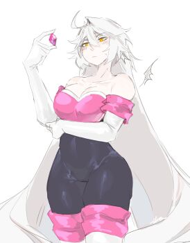 1girl ahoge bare_shoulders blush breasts cleavage cloud_ya commentary cosplay cowboy_shot elbow_gloves english_commentary gem gloves highres holding holding_gem honkai_(series) honkai_impact_3rd kiana_kaslana large_breasts leotard long_hair rouge_the_bat rouge_the_bat_(cosplay) solo sonic_(series) standing strapless strapless_leotard thighs very_long_hair white_gloves white_hair yellow_eyes