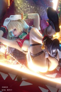 Rule 34 | 1girl, arms up, asian, ass, black footwear, blonde hair, chinese (nationality), chunmomo0127, cosplay, cosplay photo, cosplay request, feet up, gloves, highres, indoors, legs up, long hair, looking at viewer, lying, on back, partially visible vulva, photo (medium), real life, shoes, thighs, wedgie, white gloves