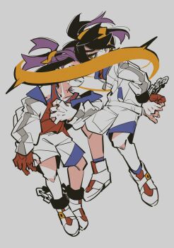 2boys ahoge ankle_cuffs bags_under_eyes black_hair blue_shirt chain clenched_hand clenched_teeth collared_shirt commentary_request covered_eyes covered_mouth crossed_bangs cuffs dual_persona frown full_body gloves grey_background hair_between_eyes hair_tie hair_tied hair_up hairband handcuffed handcuffs highres in_air jacket kieran_(pokemon) looking_at_another loose_hair_strand lunchbox_(artist) male_focus midair mole mole_on_neck multicolored_hair multiple_boys necktie nintendo partially_fingerless_gloves pokemon pokemon_sv ponytail purple_hair red_necktie red_tank_top shirt short_hair shorts simple_background tank_top teeth two-tone_hair white_jacket white_shorts yellow_eyes zipper