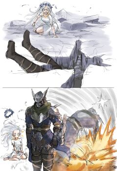 1boy 1girl 2koma armor boots breastplate comic crack cracked_floor doll dress elden_ring elden_ring_nightreign explosion flower_wreath foxxarius helmet highres hole_in_floor if_we_win_i&#039;ll_sit_on_your_face_(meme) jewelry kneeling meme necklace revenant_(elden_ring) scale_armor scarf white_background white_dress white_hair winged_helmet wylder_(elden_ring)