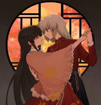 2girls autumn autumn_leaves black_hair closed_eyes commentary dancing frilled_sleeves frills hand_on_another&#039;s_back highres holding_hands houraisan_kaguya leaf long_hair looking_at_another mochimo-cheese multiple_girls parted_lips pink_shirt print_skirt red_shirt red_skirt shirt skirt touhou tree white_hair wide_sleeves window yagokoro_eirin