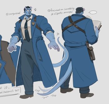 1boy abrams_(deadlock) black_hair black_necktie blue_coat book broad_shoulders brown_shoes cigar clenched_hand coat deadlock_(game) demon_boy demon_horns demon_tail glasses holding holding_book holster horns mature_male muscular muscular_male necktie oji_harem red_eyes shirt shoes tail white_background white_shirt