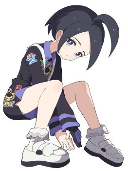 1boy ahoge allister_(pokemon) black_hair black_shirt black_shorts bright_pupils collared_shirt commentary_request full_body gloves hiyoshipow long_sleeves looking_at_viewer male_focus nintendo partially_fingerless_gloves pokemon pokemon_swsh purple_eyes shirt shoes short_hair shorts side_slit side_slit_shorts simple_background single_glove solo suspender_shorts suspenders tachi-e white_background white_pupils white_shoes