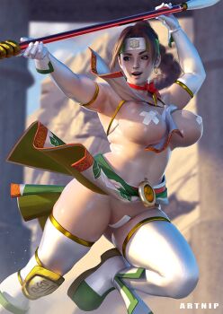 1girl alternate_breast_size areola_slip armpits arms_up artnip braid breasts cleavage covered_erect_nipples earrings elbow_gloves gloves holding holding_weapon jewelry korean_clothes lance large_breasts long_hair maebari midriff namco navel open_mouth pasties plump polearm seong_mi-na solo soul_calibur soulcalibur soulcalibur_vi tape tape_on_nipples thighhighs underboob weapon