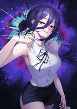 1girl absurdres armpits bare_arms bare_shoulders black_choker black_shorts blood blood_from_mouth breasts chainsaw_man choker collared_shirt cowboy_shot green_eyes grin hair_between_eyes hair_bun hand_up highres jewelry long_hair looking_at_viewer medium_breasts neck_ribbon purple_hair reze_(chainsaw_man) ribbon ring shant_07 shirt shirt_tucked_in short_shorts shorts side_slit sidelocks sleeveless sleeveless_shirt smile solo white_shirt