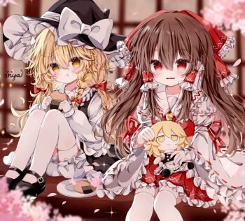 2girls absurdres apron ascot black_shoes black_skirt blonde_hair bloomers blush bow braid brown_hair character_doll chinese_commentary commentary_request detached_sleeves doll eating falling_petals food frilled_bow frilled_hair_tubes frills fumo_(doll) hair_bow hair_tubes hakurei_reimu hat hat_bow highres kirisame_marisa long_hair mary_janes multiple_girls nya_(pixiv_100585577) open_mouth petals pink_petals plate red_bow red_eyes red_skirt ribbon-trimmed_sleeves ribbon_trim senbei shoes side_braid signature single_braid sitting skirt skirt_set smile sweatdrop thighhighs touhou underwear waist_apron white_bloomers white_bow white_thighhighs witch_hat yellow_ascot yellow_eyes