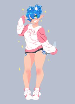 Rule 34 | 1girl, absurdres, blue hair, blush, clothes writing, commentary, double bun, ear piercing, english commentary, eyelashes, facial mark, fingernails, full body, green eyes, grey background, hair between eyes, hair bun, highres, jade (rocatart), long sleeves, one eye closed, original, piercing, pink shoes, pointy ears, rocatart, shoelaces, shoes, simple background, slit pupils, small horns, solo, sparkle, standing, sweater, tail, v, white nails, white sweater