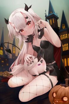 1girl black_cape black_choker black_nails black_ribbon black_skirt black_thighhighs blush breasts building cape chainsaw chainsaw_man choker cleavage demon_tail fishnet_thighhighs fishnets gradient_hair hair_ribbon halloween halloween_costume hololive horn_ornament horn_ribbon horns jack-o&#039;-lantern long_hair looking_at_viewer mujinbensin multicolored_hair nail_polish nakiri_ayame oni poyoyo_(nakiri_ayame) red_eyes red_hair ribbon sitting skin-covered_horns skindentation skirt small_breasts solo streaked_hair tail thighhighs thighs two_side_up virtual_youtuber white_hair